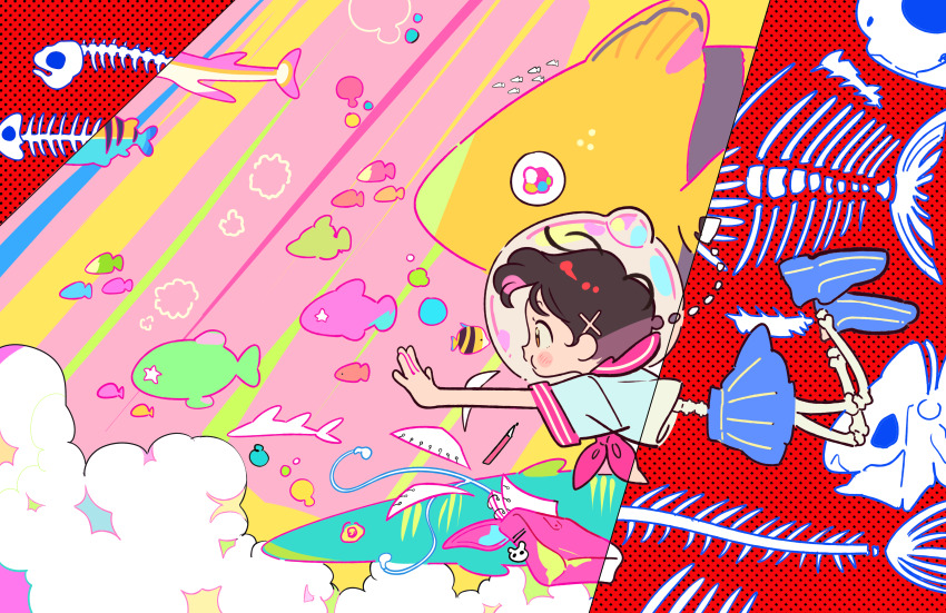 1girl absurdres air_bubble blue_shoes blue_skirt bone brown_eyes brown_hair bubble colorful commentary dolman_(dm) fish fish_skeleton from_side hair_ornament highres miniskirt original outstretched_arms paper pink_background pink_bag pink_sailor_collar profile red_background revealing_layer revision sailor_collar sailor_shirt school_uniform serafuku shirt shoes short_hair skeleton skirt solo swimming symbol-only_commentary white_shirt x_hair_ornament