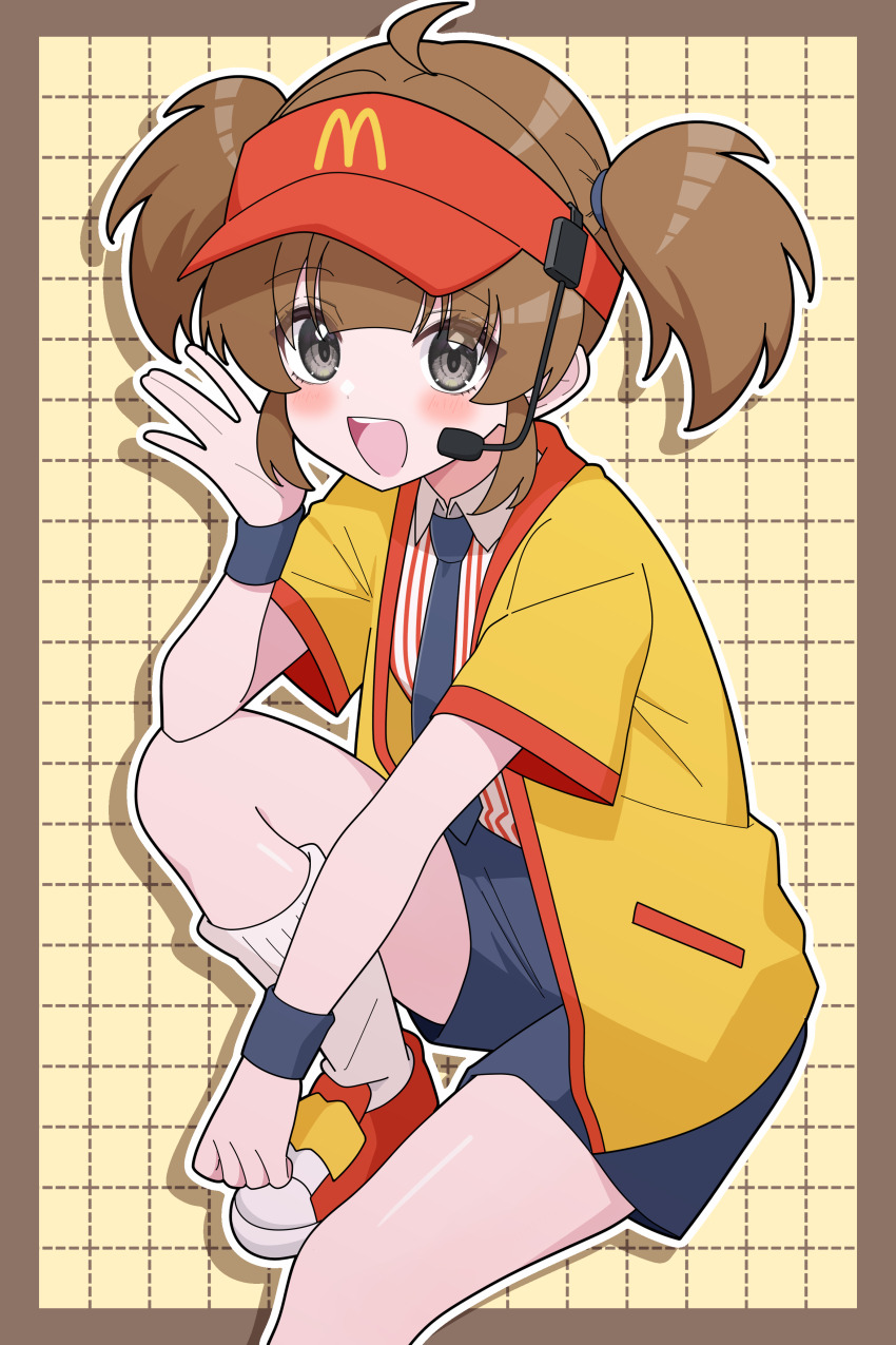 1girl absurdres ahoge badge black_eyes blue_necktie blue_shorts border brown_hair button_badge commentary dress_shirt employee_uniform fast_food_uniform grey_border hair_tie hat headset highres imadake_dabuchi_tabemi invisible_chair knee_up looking_at_viewer mcdonald&#039;s necktie odorukaminoke open_mouth outline red_hat red_shoes red_stripes shirt shoes short_hair short_shorts short_sleeves shorts sitting sneakers socks solo striped_clothes striped_shirt twintails vertical-striped_clothes vertical-striped_shirt visor_cap waving white_outline white_shirt white_socks wing_collar wristband yellow_background yellow_happi