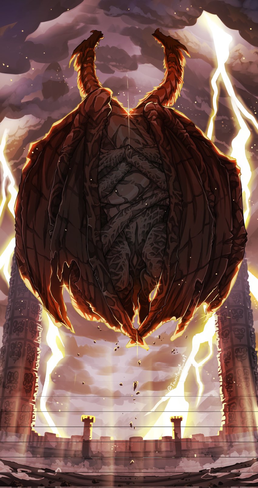 absurdres arena cloud cloudy_sky dragon dragonlord_placidusax elden_ring floating highres multiple_heads no_humans outdoors pillar sky spoilers thunder towerknight_art twitter_username