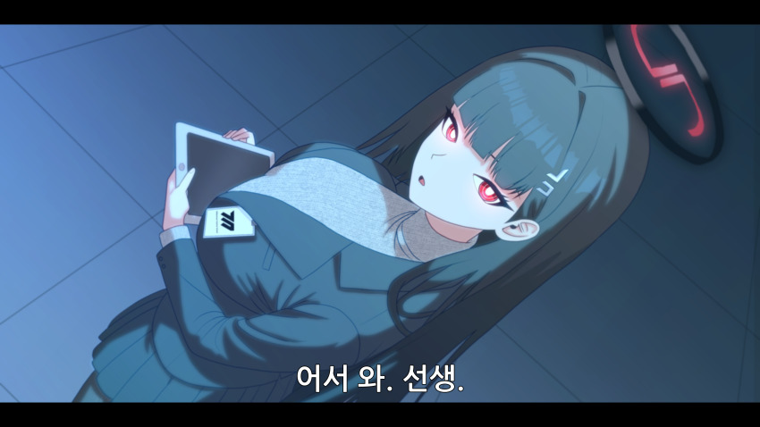 1girl absurdres blue_archive blunt_bangs breasts glowing glowing_eyes hair_ornament highres holding large_breasts letterboxed long_hair long_sleeves looking_at_viewer odiseo pleated_skirt red_eyes ringed_eyes rio_(blue_archive) skirt solo