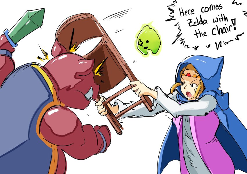 1girl :o automatic_giraffe blonde_hair blue_cape blue_hood cape chair commentary english_text folding_chair highres holding_chair hood hooded_cape long_sleeves moblin monster nintendo parody princess_zelda simple_background sword the_legend_of_zelda the_legend_of_zelda:_echoes_of_wisdom tri_(zelda) violence weapon white_background