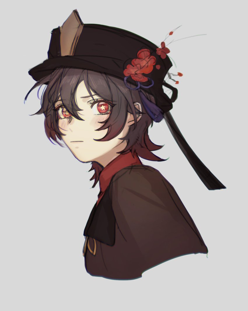1girl aji_11300913 alternate_hairstyle blush brown_hair closed_mouth coat collared_shirt colored_tips flower flower-shaped_pupils genshin_impact grey_background hair_between_eyes hat hat_ornament highres hu_tao_(genshin_impact) looking_at_viewer multicolored_hair porkpie_hat red_eyes red_flower red_shirt shirt short_hair simple_background solo symbol-shaped_pupils talisman tassel