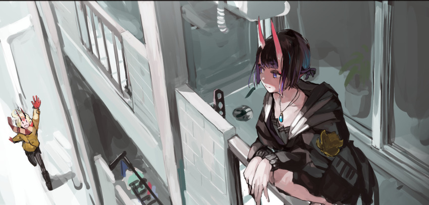 2girls :d alternate_costume blonde_hair boots casual coat eyeliner fate/grand_order fate_(series) highres hikimayu horns ibaraki_douji_(fate) jewelry makeup multiple_girls necklace oni open_mouth purple_eyes purple_hair scarf short_hair shuten_douji_(fate) shuten_douji_(onmyoji) smile squatting winter_clothes winter_coat yorurokujuu