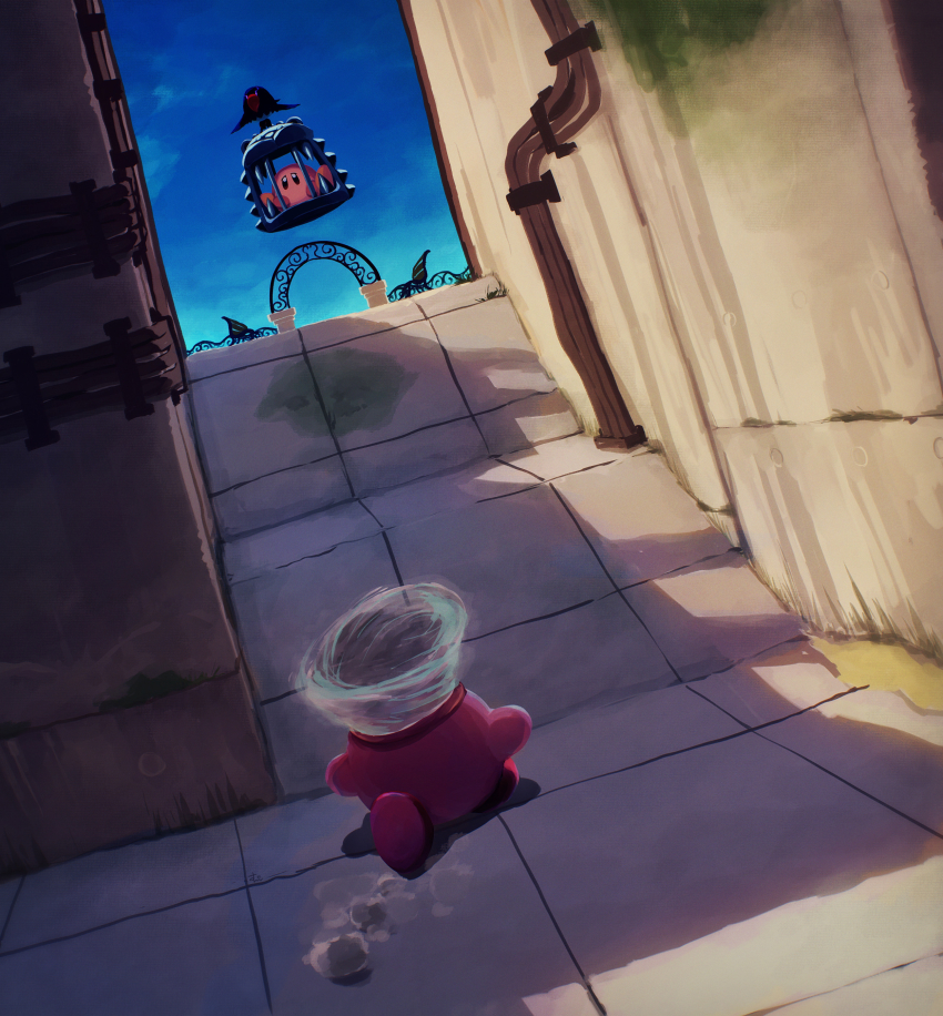 abandoned absurdres back clocker cloud copy_ability floating floating_object hallway highres kirby kirby_(series) kirby_and_the_forgotten_land moss nintendo prison running sad sky spikes suyasuyabi tornado tornado_kirby tube waddle_dee