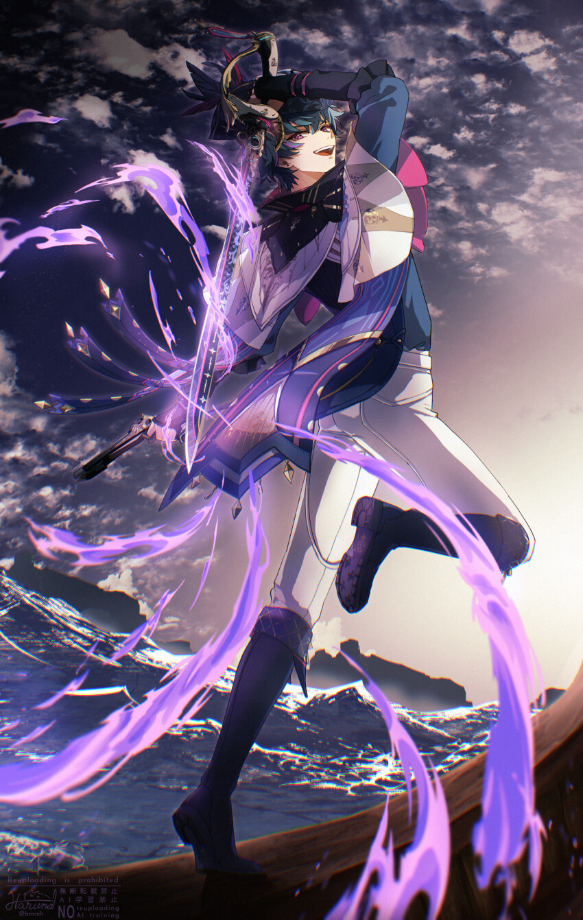 1boy absurdres asymmetrical_dual_wielding black_boots blue_hair blue_shirt boots brant_(wuthering_waves) commentary_request dual_wielding fire flaming_sword flaming_weapon from_behind gun haruna_(hrnrnh) hat highres holding holding_gun holding_sword holding_weapon looking_at_viewer male_focus open_mouth outdoors pants purple_eyes shirt short_hair smile solo sword teeth tricorne upper_teeth_only weapon white_pants wuthering_waves
