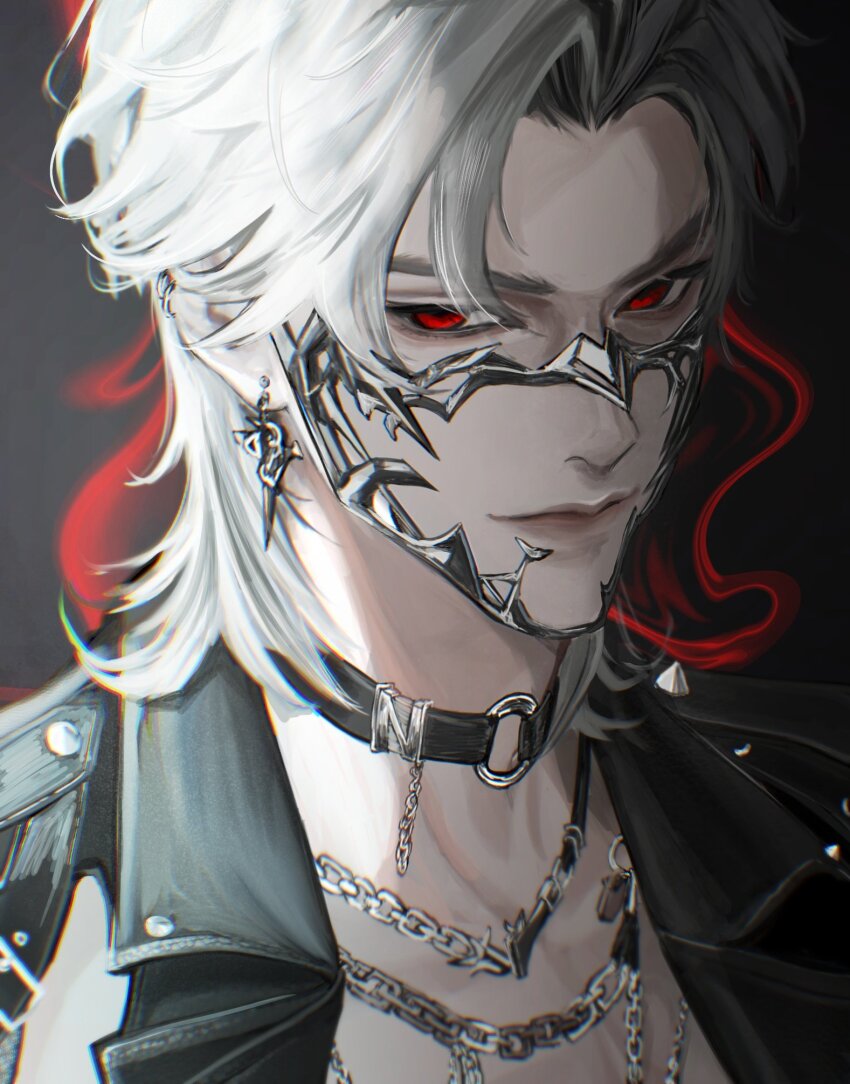 1boy black_collar chain chain_necklace closed_mouth collar earrings eyes_visible_through_hair hair_over_one_eye highres jacket jewelry leather leather_collar leather_jacket looking_at_viewer love_and_deepspace male_focus medium_hair muzzle_(mask) necklace parted_bangs portrait red_eyes solo sylus_(love_and_deepspace) white_hair yosiedayo