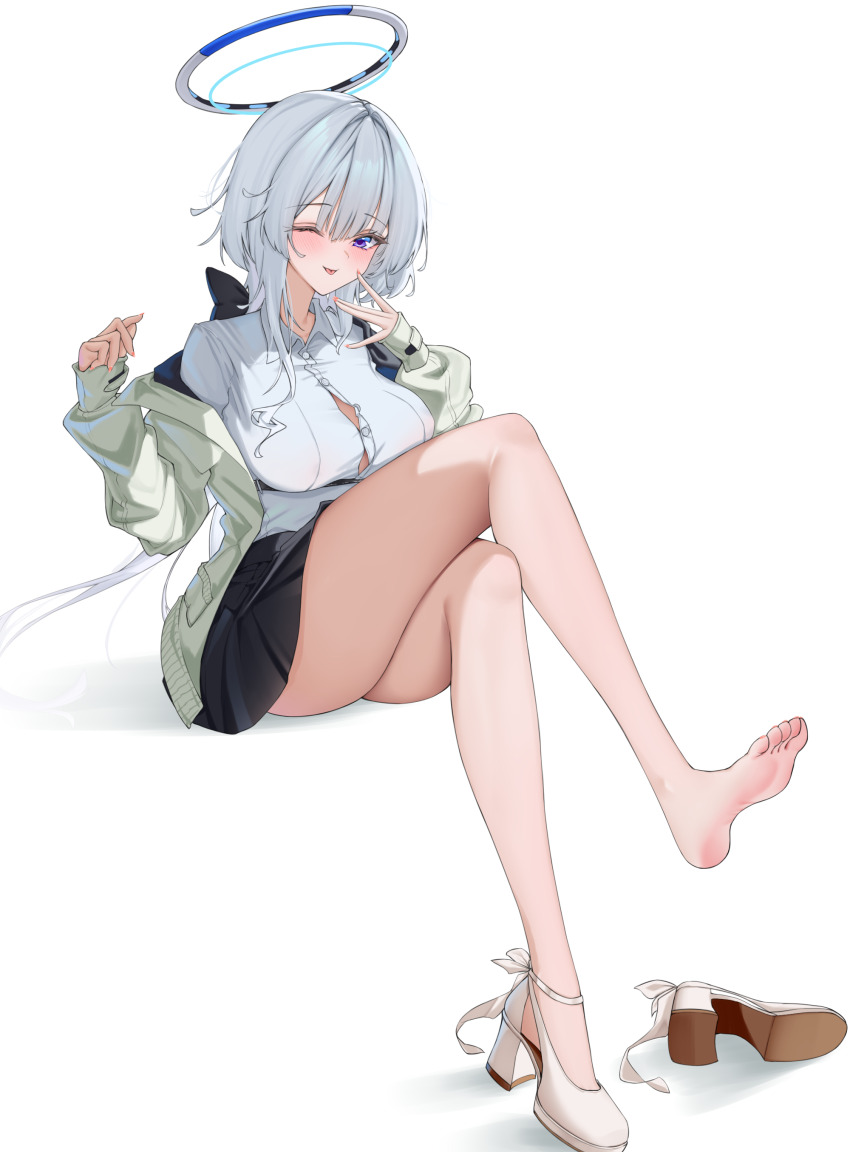 1girl ;p absurdres ass barefoot black_skirt blue_archive blush breasts button_gap crossed_legs fingernails full_body grey_hair halo highres invisible_chair jacket lanhua227 large_breasts long_hair looking_at_viewer miniskirt nail_polish noa_(blue_archive) one_eye_closed purple_eyes shirt sitting skirt smile solo tongue tongue_out unworn_shoe very_long_hair white_jacket white_shirt