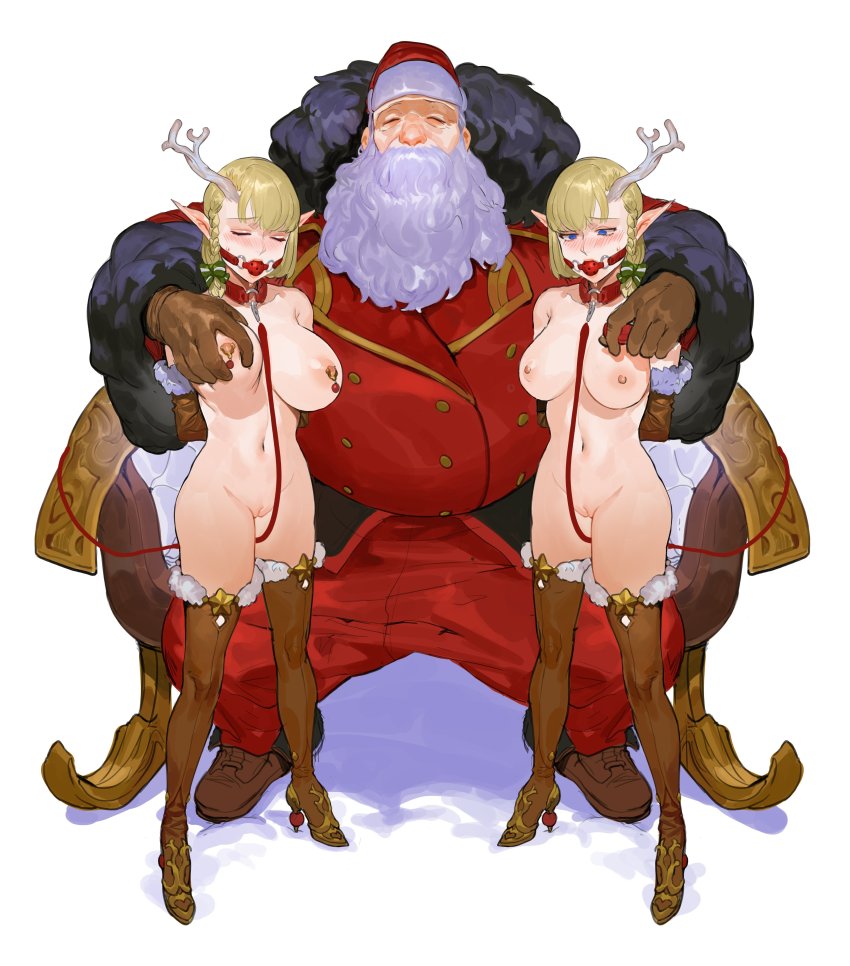 1boy 2girls absurdres antlers ball_gag bdsm beard blonde_hair blue_eyes blush bondage boots bound braid breasts brown_footwear brown_legwear cameltoe clothed_male_nude_female collar facial_hair fur_trim gag gloves grabbing_another&#039;s_breast groping hat hetero high_heel_boots high_heels highres horns large_breasts leash manly multiple_girls navel nipple_piercing nipples nude original piercing pimp pointy_ears santa_claus santa_costume santa_hat single_braid slave sohn_woohyoung thigh_boots thighhighs uncensored wiffle_gag
