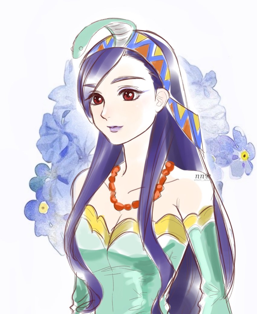 1girl bare_shoulders bead_necklace beads blue_flower breasts chrono_cross cleavage detached_sleeves dress floral_background flower gold_trim green_dress hair_ornament hairband highres jewelry long_hair medium_breasts multicolored_hairband necklace omochi_daisuki portrait purple_hair purple_lips red_eyes riddel_(chrono_cross) sidelocks snake_hair_ornament solo swept_bangs upper_body white_background
