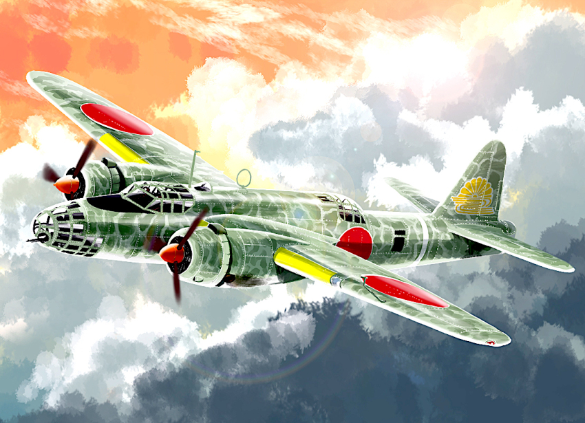 aircraft airplane bomber cloud cloudy_sky day flying g4m hashtag-only_commentary matsuda_juukou military military_vehicle no_humans original propeller sky sunlight vehicle_focus