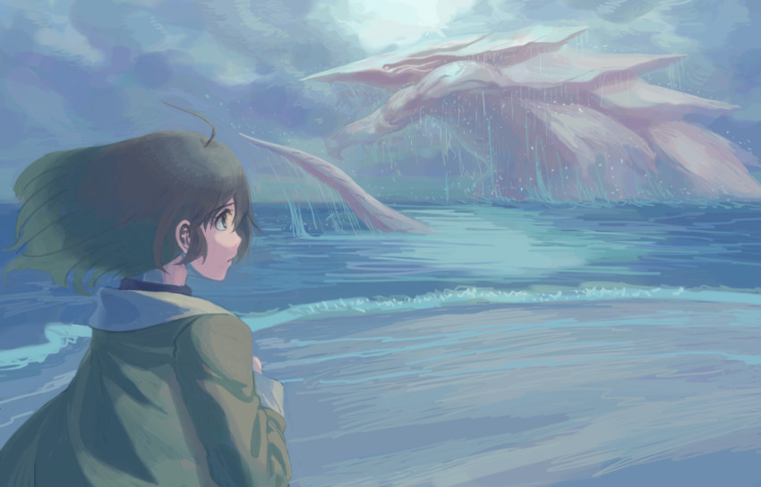 1girl ahoge aqua_eyes bad_id bad_pixiv_id closed_mouth cloud cloudy_sky dark_green_hair floating_hair green_jacket jacket kaiju long_sleeves ocean original outdoors short_hair sky vaison water