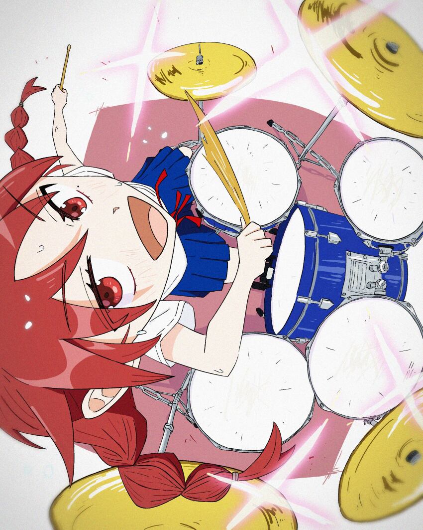 1girl absurdres blue_skirt braid commentary_request drum drum_set drumsticks film_grain fisheye foreshortening from_above futsuu_no_keion-bu highres holding holding_drumsticks instrument looking_at_viewer mole mole_under_eye neck_ribbon perspective playing_drum pleated_skirt red_eyes red_hair red_ribbon ribbon school_uniform shirt short_sleeves sitting skirt smear_frame solo sparkle summer_uniform tariki_world twin_braids twintails uchida_momo white_shirt