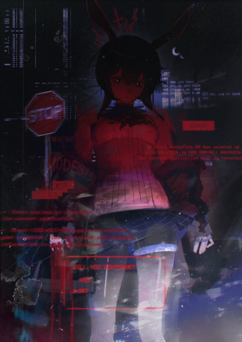 1girl absurdres amiya_(arknights) animal_ears arknights ascot black_jacket blood blue_ascot blue_screen_of_death blue_shorts blue_skirt closed_mouth cowboy_shot dark english_text error_message expressionless film_grain glitch glowing_pupils hair_between_eyes highres horror_(theme) jacket jewelry long_hair looking_at_viewer low_twintails miniskirt multiple_rings pleated_skirt rabbit_ears rabbit_girl ring road_sign shirt short_shorts shorts shorts_under_skirt sidelocks sign skirt solo staring stop_sign twintails white_shirt yorulost