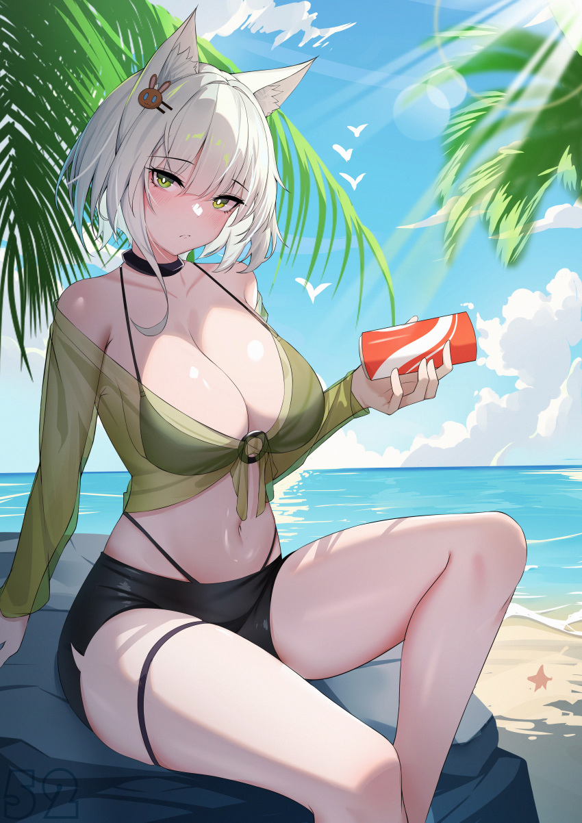 1girl absurdres animal_ear_fluff animal_ears arknights beach bikini black_bikini black_shorts blue_sky blush breasts bright_pupils can chinese_commentary cleavage closed_mouth collarbone commentary_request day drink drink_can eyes_visible_through_hair feet_out_of_frame green_eyes hair_between_eyes hair_intakes hair_ornament head_tilt highleg highres holding holding_can holding_drink horizon kal&#039;tsit_(arknights) lahz52 large_breasts lens_flare light_rays long_sleeves looking_at_viewer navel on_rock outdoors palm_tree partial_commentary plant rock see-through_clothes see-through_sleeves shiny_skin short_hair shorts simple_bird sitting sky solo sunlight swimsuit tree watermark white_hair white_pupils