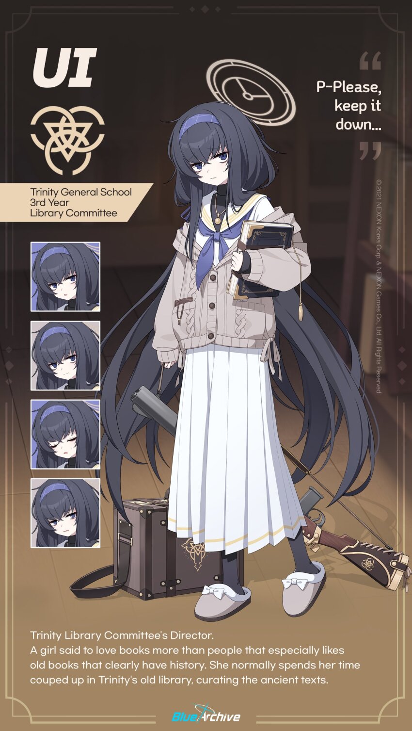 1girl absurdres bag bags_under_eyes black_hair blue_archive blue_eyes blue_hairband blue_ribbon bolt-action_rifle bolt_action book brown_cardigan buttons carbine cardigan character_name child_(isoliya) de_lisle_carbine english_text flower full_body gun hair_between_eyes hairband halo highres integral_suppressor integrally-suppressed_firearm jewelry long_hair long_skirt long_sleeves looking_at_viewer mojyo necklace official_art pistol-caliber_carbine pleated_skirt ribbon ribbon-trimmed_clothes ribbon_trim rifle sailor_collar shoes skirt smile suppressor sweater tassel turtleneck turtleneck_sweater ui_(blue_archive) very_long_hair weapon white_skirt