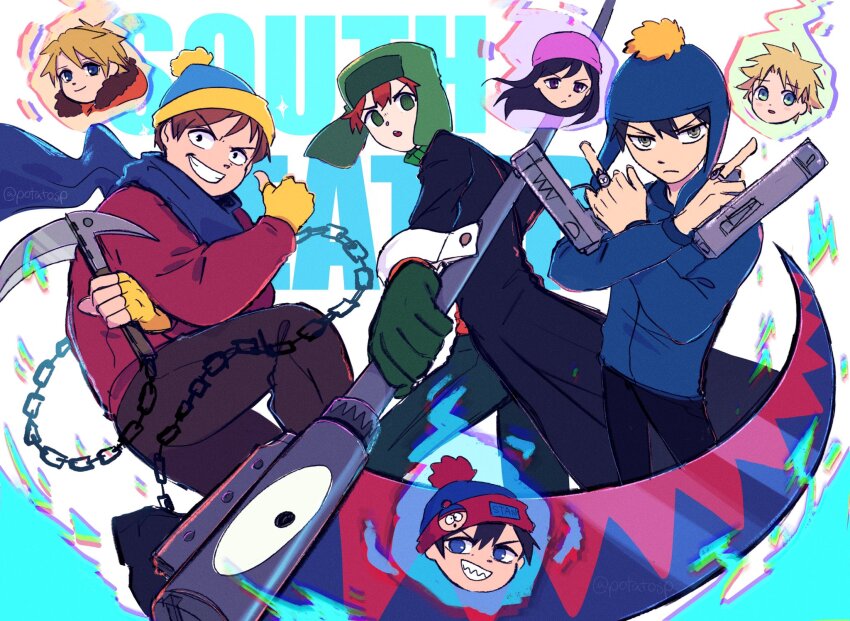 1girl beanie black_coat black_hair blonde_hair brown_hair coat craig_tucker crossover dual_wielding eric_cartman fingerless_gloves fur-trimmed_hood fur_trim gloves green_gloves gun hat highres holding holding_gun holding_scythe holding_weapon hood hoodie kenny_mccormick knit_hat kusarigama kyle_broflovski multiple_boys orange_hoodie potatotop red_coat red_hair scythe sickle soul_eater south_park stan_marsh tweek_tweak ushanka weapon wendy_testaburger winter_clothes winter_coat yellow_gloves