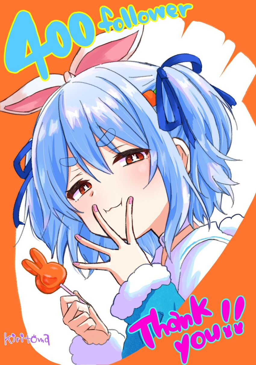 1girl :i animal_ears blue_hair blue_jacket blue_ribbon brown_eyes candy carrot_hair_ornament closed_mouth commentary_request dress food food-themed_hair_ornament fur-trimmed_sleeves fur_trim hair_between_eyes hair_ornament hair_ribbon half-closed_eyes highres holding holding_candy holding_food holding_lollipop hololive jacket kiritoma lollipop long_sleeves looking_at_viewer milestone_celebration nail_polish pink_nails rabbit-shaped_pupils rabbit_ears ribbon short_eyebrows signature solo symbol-shaped_pupils thank_you thick_eyebrows two_side_up upper_body usada_pekora usada_pekora_(casual) v v-shaped_eyebrows v_over_mouth wavy_mouth white_dress