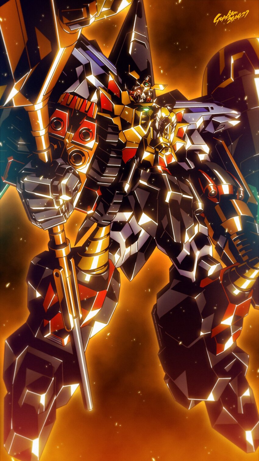 armor babamba clenched_hands drill gaogaigar gattai glowing glowing_eyes goldion_hammer highres holding looking_at_viewer mecha no_humans orange_eyes robot science_fiction solo super_robot v-fin weapon wings yuusha_ou_gaogaigar yuusha_series