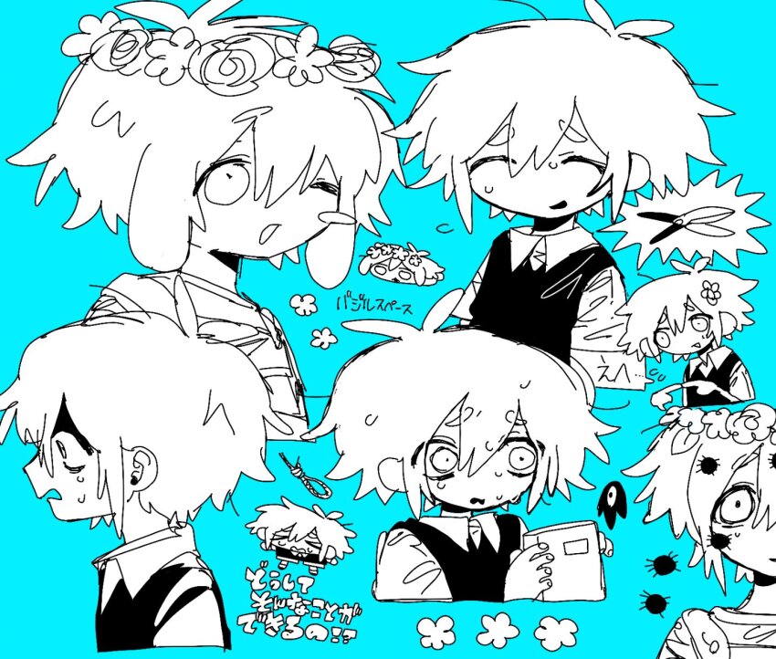 &gt;_&lt; 2boys animal_ears antenna_hair basil_(faraway)_(omori) basil_(headspace)_(omori) basil_(omori) blue_background blush_stickers book bug chibi closed_eyes crying crying_with_eyes_open double-parted_bangs dual_persona flower flower_wreath gardening_shears greyscale_with_colored_background hair_between_eyes hair_flower hair_ornament head_wreath highres holding holding_book kemonomimi_mode kobanzame_omo male_focus multiple_boys noose omori parted_lips rabbit_boy rabbit_ears short_hair short_sleeves sidelocks simple_background single_blush_sticker sketch something_(omori) spider sweater_vest tears translation_request