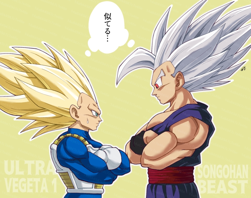 2boys armor blonde_hair blue_bodysuit bodysuit character_name crossed_arms dougi dragon_ball dragon_ball_daima dragon_ball_super dragon_ball_super_super_hero from_side gohan_beast green_eyes grey_hair highres long_hair looking_at_another male_focus multiple_boys muscular muscular_male no_eyebrows pants profile purple_pants purple_shirt red_eyes red_sash saiyan_armor sash shirt simple_background skin_tight son_gohan spiked_hair super_saiyan super_saiyan_3 tama_(14a844947c7e46e) translation_request vegeta white_armor