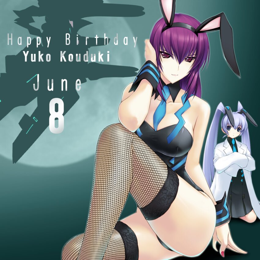 2girls animal_ears fake_animal_ears fishnet_thighhighs fishnets highres kouzuki_yuuko leotard mecha miyata_sou multiple_girls muv-luv muv-luv_alternative official_art photoshop_(medium) playboy_bunny rabbit_ears robot thighhighs xg-70d_susanoo_iv yashiro_kasumi