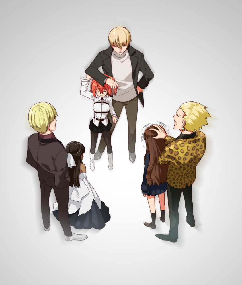 3boys 3girls black_hair black_serafuku blonde_hair breasts brown_hair chaldea_uniform commentary_request dark-skinned_female dark_skin dress earrings elbow_gloves fate/extra fate/extra_ccc fate/grand_order fate/strange_fake fate_(series) fujimaru_ritsuka_(female) gilgamesh_(fate) gloves half_updo headpat height_difference highres in-franchise_crossover jewelry kishinami_hakuno_(female) long_dress medium_breasts miniskirt multiple_boys multiple_girls multiple_persona one_side_up open_mouth orange_hair pantyhose pleated_skirt rkp school_uniform serafuku skirt sleeves_past_wrists smile tine_chelc tsukumihara_academy_uniform_(fate/extra_ccc) white_dress white_gloves