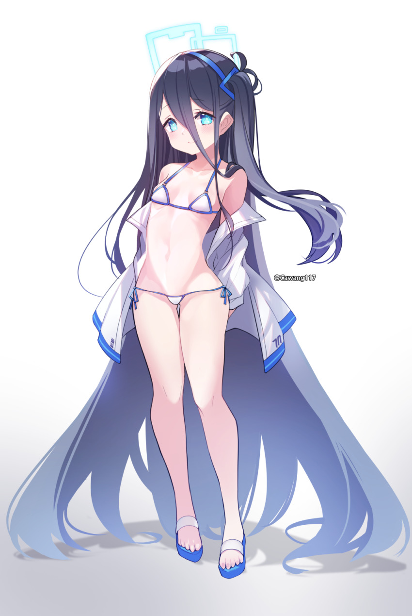 1girl aris_(blue_archive) bare_legs bare_shoulders bikini blue_archive blue_eyes blue_hair breasts cawang closed_mouth collarbone full_body hair_between_eyes halo highres jacket long_hair long_hair_between_eyes looking_at_viewer lowleg lowleg_bikini micro_bikini sandals side-tie_bikini_bottom side_ponytail simple_background small_breasts solo standing stomach swimsuit thigh_gap twitter_username very_long_hair white_background white_bikini white_jacket
