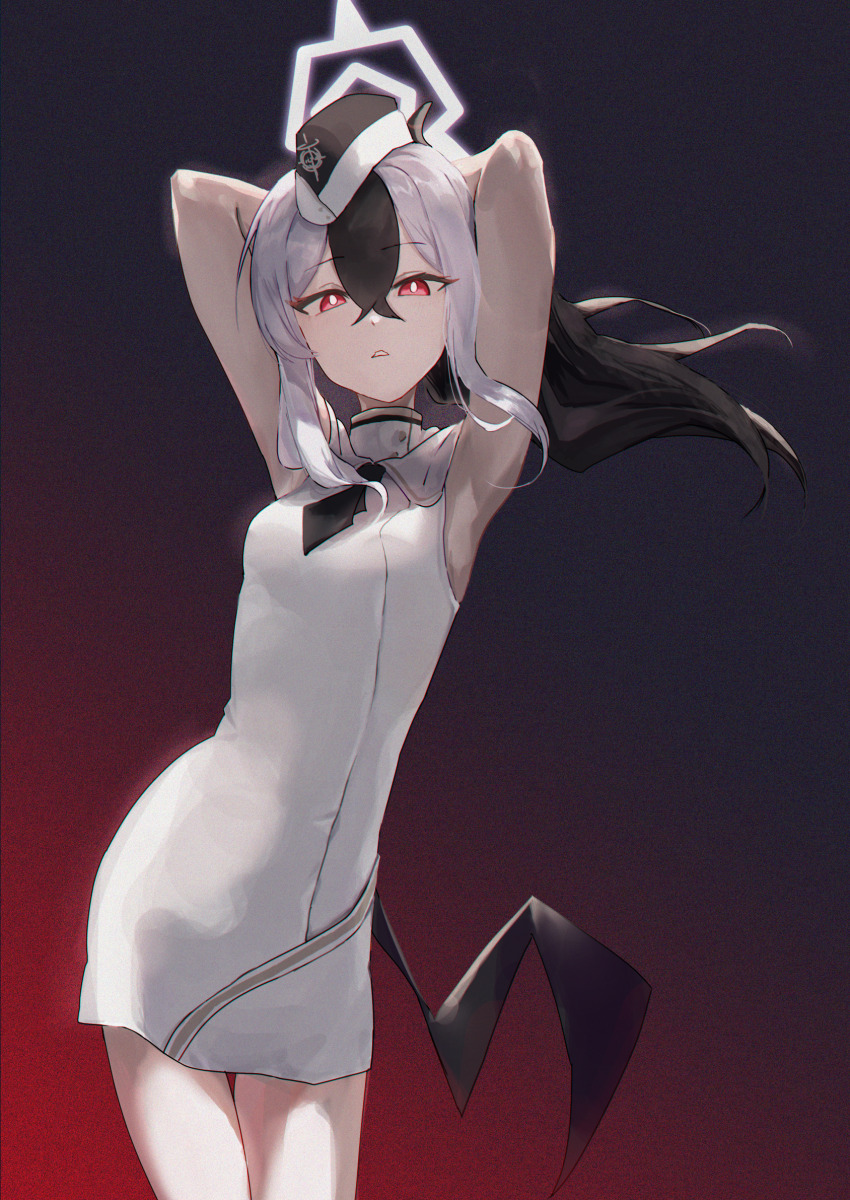 1girl armpits arms_up black_background black_hair black_necktie blue_archive breasts commentary_request cowboy_shot dancing demon_horns dress garrison_cap gradient_background hair_between_eyes hat highres horns kayoko_(blue_archive) looking_at_viewer me!me!me! me!me!me!_dance_(meme) meme multicolored_hair necktie official_alternate_costume partial_commentary praticatan000 red_background red_eyes schale_logo short_necktie simple_background single_wing sleeveless sleeveless_dress solo standing two-tone_hair utnapishtim_operator_uniform_(blue_archive) white_dress white_hair wings