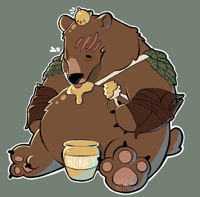:p animal animal_focus animal_on_head animalization baby_animal baldur&#039;s_gate baldur&#039;s_gate_3 bear belly bird blush chick dungeons_&amp;_dragons food_on_body halsin highres honey leather no_humans on_head sitting sleepy solid_circle_eyes tiredvoira tongue tongue_out