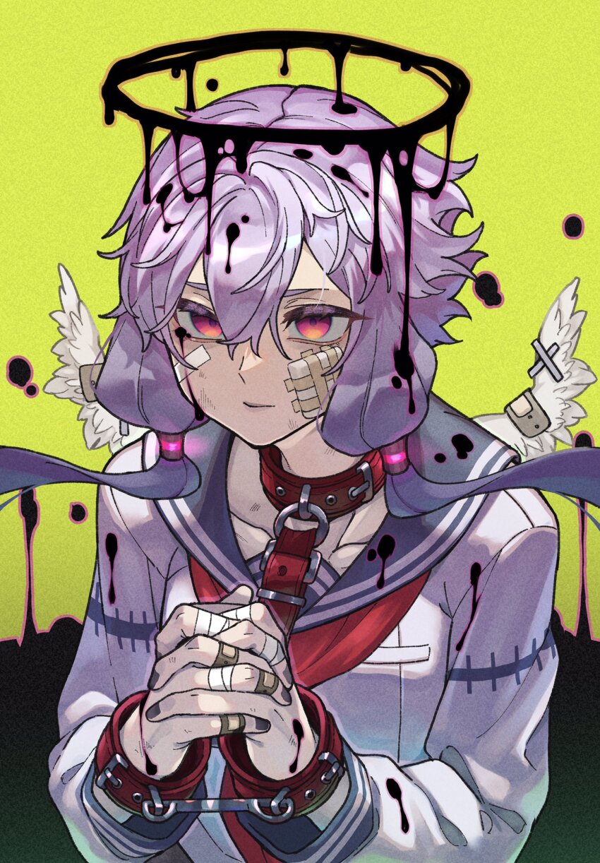 1girl alternate_costume alternate_eye_color animal_collar bags_under_eyes bandaged_fingers bandages bandaid bandaid_on_face bandaid_on_hand bandaid_on_wing black_halo black_tears blue_sailor_collar bound bound_wrists closed_mouth collar collarbone commentary_request crying crying_with_eyes_open cuffs empty_eyes expressionless feathered_wings gauze gauze_on_cheek gradient_eyes green_background halo highres long_hair long_sleeves looking_at_viewer melting_halo mini_wings multicolored_eyes neckerchief own_hands_clasped own_hands_together purple_hair red_eyes red_neckerchief sailor_collar school_uniform serafuku shackles shirt short_hair_with_long_locks sidelocks simple_background solo tears toriniku29 upper_body vocaloid voiceroid white_shirt wings yuzuki_yukari