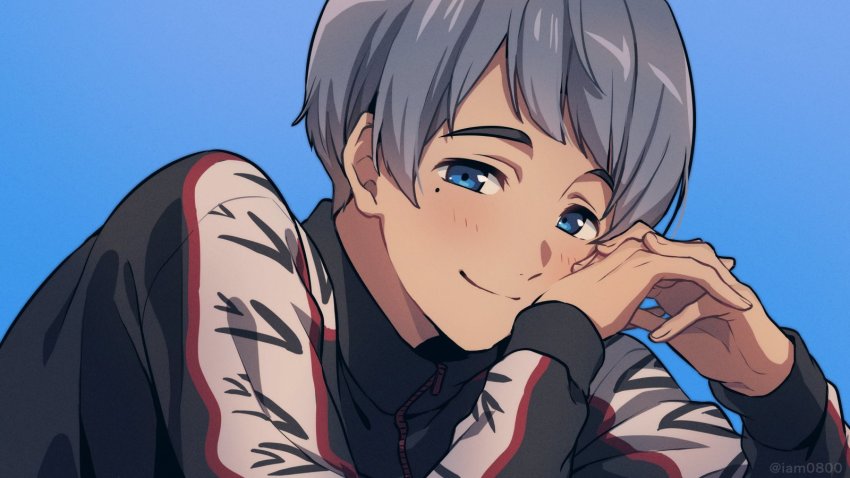 1boy asada_hachi black_jacket blue_background blue_eyes blush bowl_cut closed_mouth commentary free! grey_hair highres jacket long_sleeves male_focus mole mole_under_eye nitori_aiichirou own_hands_clasped own_hands_together short_hair simple_background smile solo track_jacket twitter_username upper_body watermark zipper zipper_pull_tab