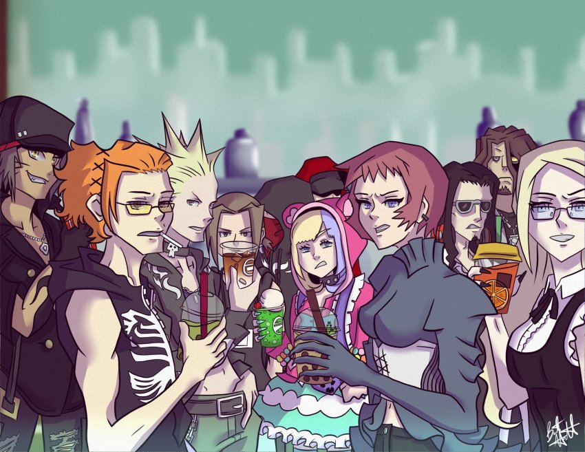 3girls 6+boys 777_(subarashiki_kono_sekai) atarashi_coco baseball_cap bj_(subarashiki_kono_sekai) blonde_hair blue_eyes corset dark-skinned_male dark_skin dreadlocks drink drinking_straw ear_piercing eyebrows facial_mark facial_mark futoshi_(subarashiki_kono_sekai) glasses hat headphones headphones_around_neck higashizawa_yodai highres holding holding_drink hood hoodie kariya_koki kitaniji_megumi konishi_mitsuki meme minamimoto_sho multicolored_hair multiple_boys multiple_girls piercing pink_hair purple_hair rectangular_eyewear red_hoodie spiked_hair subarashiki_kono_sekai sunglasses sweater tenho_(subarashiki_kono_sekai) turtleneck turtleneck_sweater two-tone_hair whisker_markings yashiro_uzuki