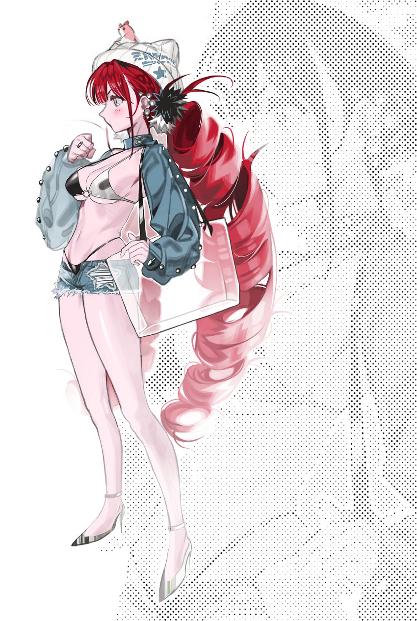 1girl 2pineapplepizza animal_ears animal_hat bad_source bag beanie bikini black_bikini black_footwear blunt_bangs braid breasts cat_hat denim denim_shorts detached_sleeves drill_hair drill_hair_girl_(2pineapplepizza) earrings fake_animal_ears hair_intakes hamster hat high_heels highres jewelry large_breasts long_hair long_sleeves looking_to_the_side o-ring o-ring_bikini open_fly original pom_pom_(clothes) red_hair short_shorts shorts shoulder_bag side_braids simple_background swimsuit transparent_bag twin_drills very_long_hair white_background