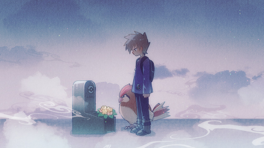 1boy arm_at_side backpack bag bird blue_oak boots brown_hair commentary_request flower from_side gen_1_pokemon grave leaf long_sleeves looking_down maccha_pamocute male_focus nintendo pants pidgeotto pokemon pokemon_(creature) pokemon_rgby purple_shirt sad shirt short_hair spiked_hair standing yellow_flower
