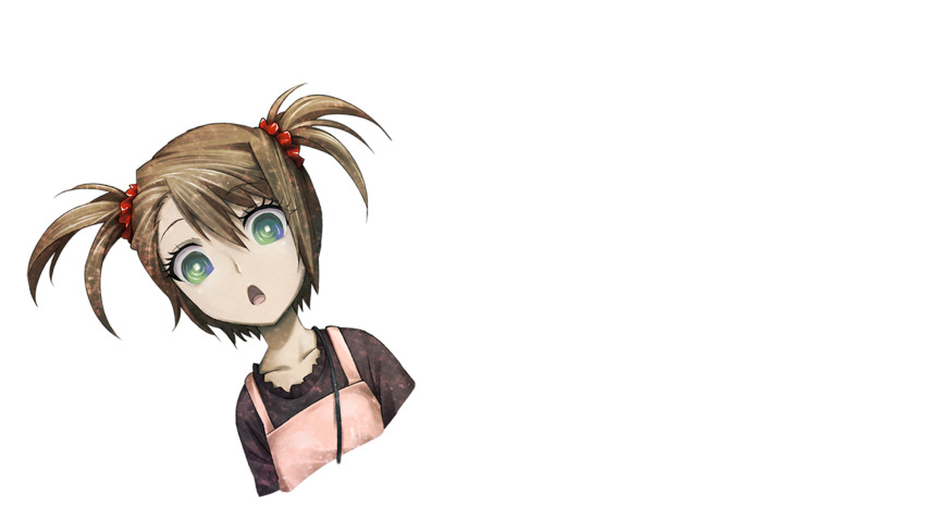 :o aqua_eyes blouse brown_hair dress game_cg green_eyes hair_between_eyes hair_tie highres huke non-web_source official_art pinafore_dress pink_dress purple_shirt ringed_eyes shirt short_twintails sidelocks sleeveless sleeveless_dress square_pupils steins;gate steins;gate:_linear_bounded_phenogram tennouji_nae transparent_background twintails
