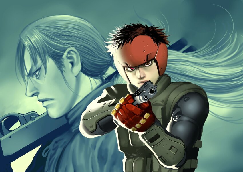 2boys aiming aiming_at_viewer black_hair body_armor closed_mouth floating_hair gloves gun handgun headgear highres jacket jean_jacquemonde looking_at_viewer male_focus minagawa_ryouji multiple_boys ominae_yuu ponytail pump_action red_eyes red_gloves shotgun spas-12 spriggan_(manga) standing sweater weapon