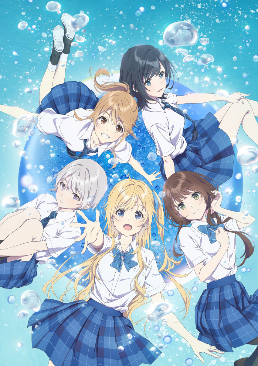 5girls adjusting_hair aomi_haru arms_at_sides artist_request black_hair blonde_hair blue_bow blue_bowtie blue_eyes blue_necktie blue_skirt bow bowtie brown_hair chitose-kun_wa_ramune_bin_no_naka clenched_teeth closed_mouth collarbone collared_shirt diagonal-striped_bow diagonal-striped_bowtie diagonal-striped_clothes diagonal-striped_necktie floating green_eyes grey_eyes grey_hair hand_on_own_knee highres hiiragi_yuuko hugging_own_legs key_visual long_hair looking_at_viewer medium_hair multiple_girls nanase_yuzuki necktie nishino_asuka official_art one_side_up open_mouth plaid_clothes plaid_skirt pleated_skirt ponytail promotional_art reaching reaching_towards_viewer school_uniform shirt short_hair short_sleeves skirt striped_clothes teeth two-tone_bow two-tone_bowtie two-tone_necktie uchida_yua water water_drop white_shirt