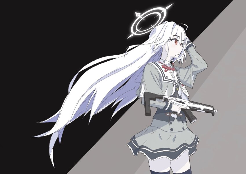 1girl adjusting_hair arm_up assault_rifle aw6elg7t2ejl3nc black_corset blue_archive closed_mouth collared_dress commentary_request corset cowboy_shot dress from_side grey_serafuku gun hair_between_eyes halo head_wings highres holding holding_gun holding_weapon id_card long_hair long_sleeves mole mole_under_eye red_eyes rifle sailor_dress school_uniform serafuku sig_mcx single_head_wing single_wing skirt solo suzumi_(blue_archive) thighhighs very_long_hair weapon white_hair wings