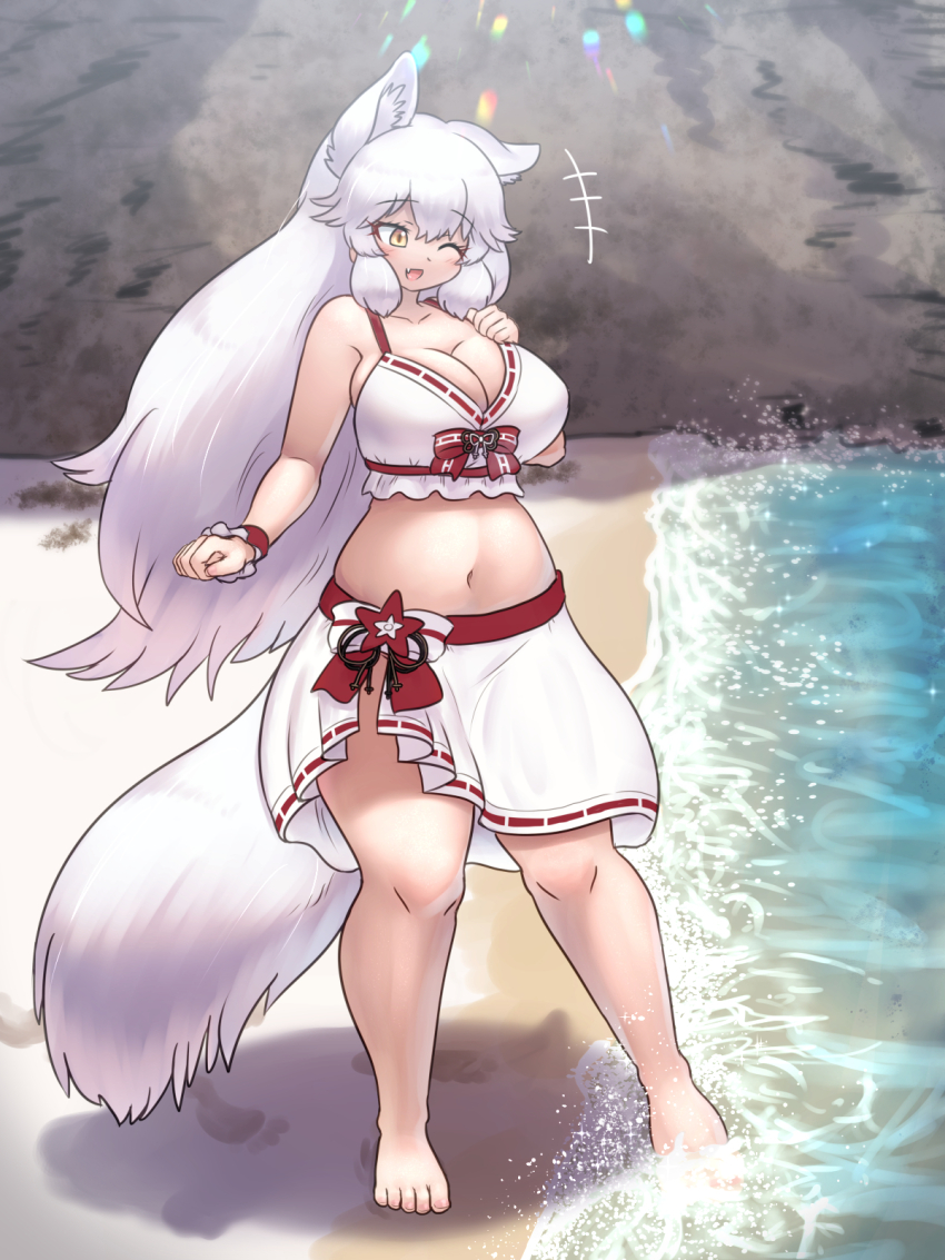 1girl animal_ears arctic_fox_(kemono_friends) barefoot beach bikini bow bow_bikini breasts cleavage fang fox_ears fox_girl fox_tail full_body highres huge_breasts kemono_friends kemono_friends_3 large_breasts lens_flare long_hair midriff mo23 navel open_mouth plump sarong solo swimsuit tail thick_thighs thighs very_long_hair wading water white_hair wrist_cuffs yellow_eyes