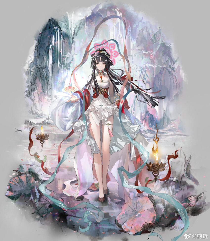 1girl black_hair dress echoes_of_vision fire flower full_body hagoromo highres jingmi long_hair longg_hair looking_at_viewer lotus mountainous_horizon official_alternate_costume official_art ripples shawl solo thigh_strap walking walking_on_liquid water watermark weibo_username weibo_watermark white_dress yellow_eyes yingmei_(echoes_of_vision)