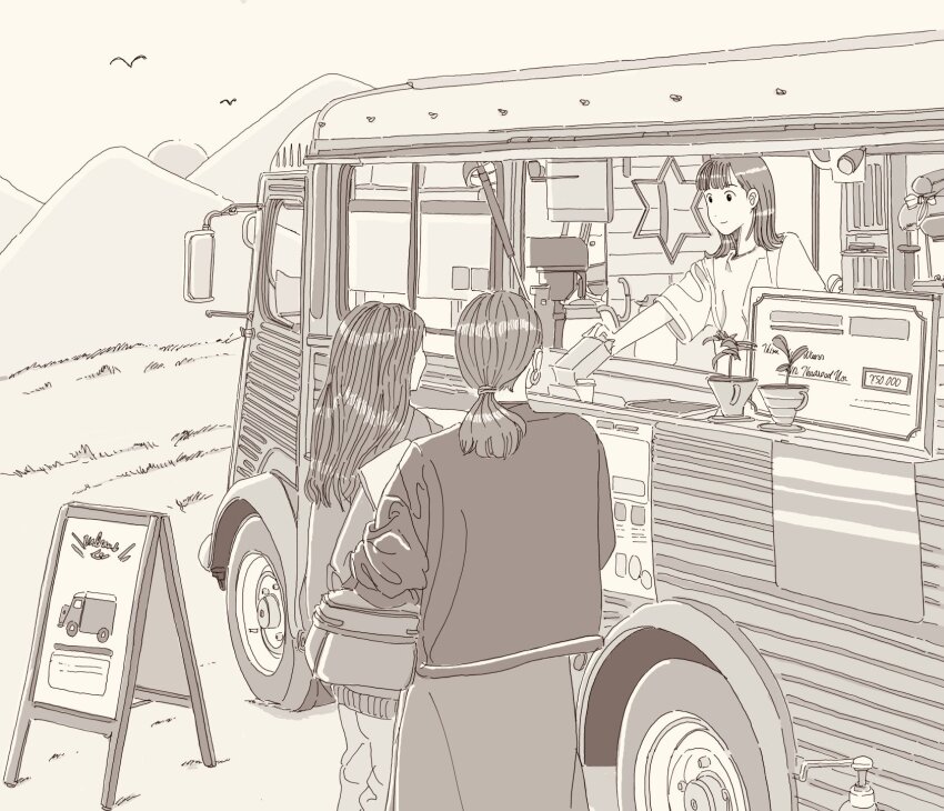 3girls bag coffee_maker earrings electric_kettle food_truck grass greyscale handbag highres hill jewelry kettle long_hair medium_hair mirror monochrome motor_vehicle multiple_girls naoyuzuhiko original outdoors pants plant ponytail potted_plant short_sleeves sign skirt van