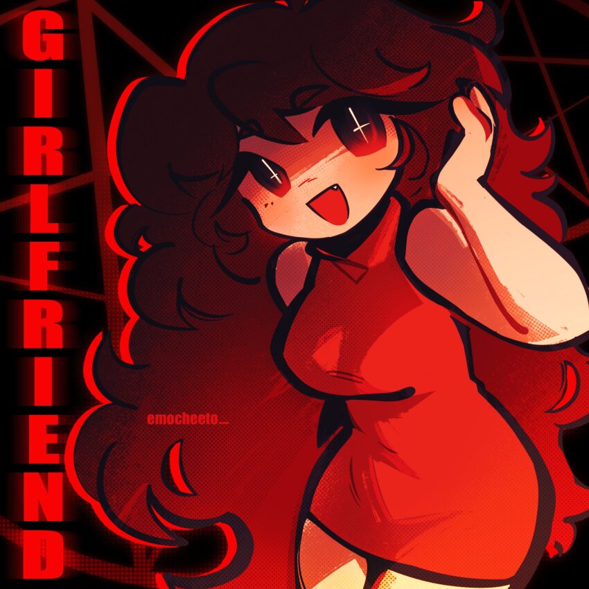 1girl :d artist_name breasts brown_hair character_name cross-shaped_pupils dress emocheeto fangs fangs_out friday_night_funkin&#039; girlfriend_(friday_night_funkin&#039;) gradient_hair hand_in_own_hair highres looking_at_viewer medium_breasts multicolored_hair open_mouth red_dress red_eyes sleeveless smile symbol-shaped_pupils thighs