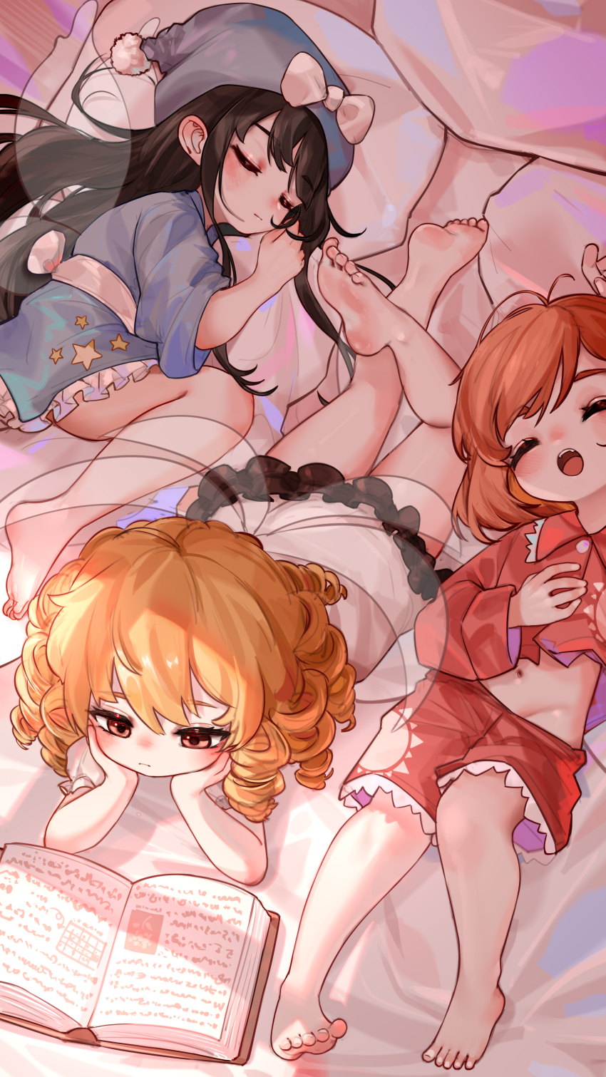 3girls absurdres bed_sheet black_hair blonde_hair blue_hat blue_nightgown closed_mouth drill_hair fairy fairy_wings hat head_rest highres kourou_(kouroukun) long_hair luna_child medium_hair multiple_girls navel nightgown open_mouth orange_hair orange_pajamas orange_shirt orange_shorts pajamas pillow reading shirt shorts sleeping star_sapphire sunny_milk touhou white_nightgown wings