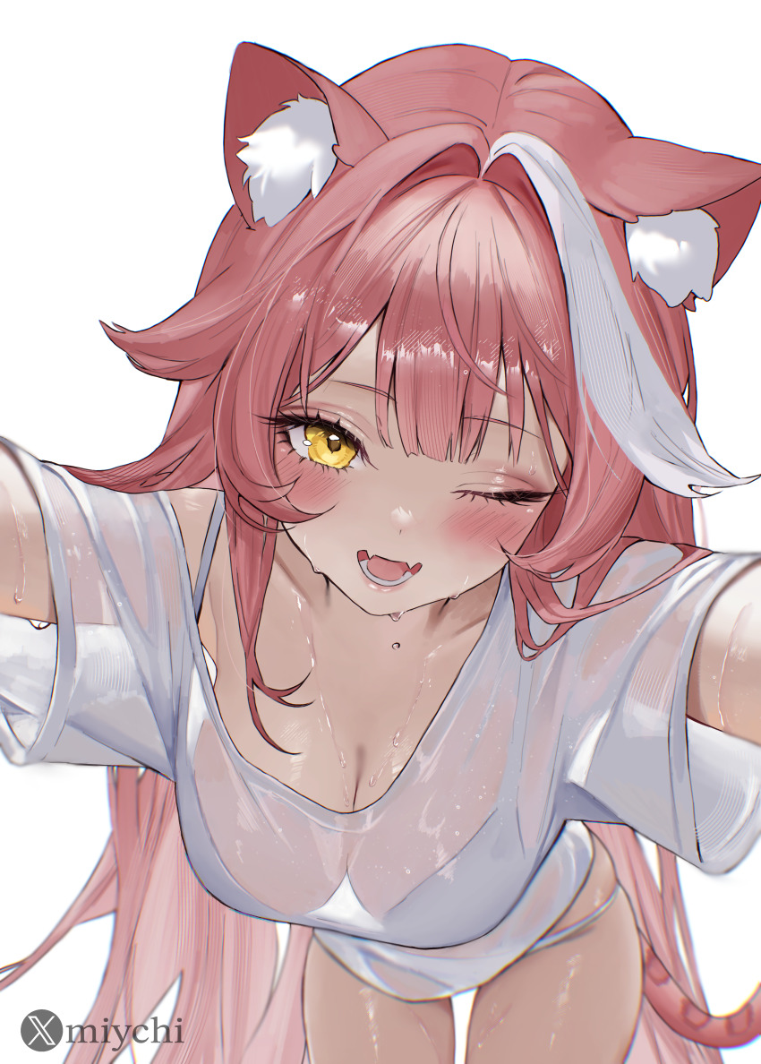 1girl absurdres animal_ears artist_name bent_over bikini blush breasts cleavage collarbone commentary english_commentary eyelashes fangs hair_intakes highres hololive hololive_english large_breasts long_hair looking_at_viewer miychi multicolored_hair one_eye_closed open_mouth outstretched_arms panther_ears panther_girl panther_tail pink_hair pink_lips raora_panthera see-through_clothes see-through_shirt see-through_silhouette shirt short_sleeves simple_background skin_fangs smile solo spread_arms streaked_hair swimsuit tail teeth thighs twitter_username two-tone_hair virtual_youtuber wet white_background white_bikini white_hair white_shirt yellow_eyes