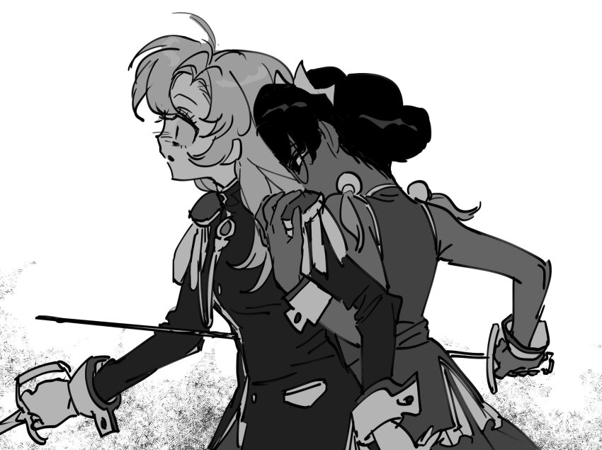 2girls backstab black_jacket commentary dress english_commentary epaulettes hand_on_another&#039;s_shoulder highres himemiya_anthy holding holding_sword holding_weapon impaled jacket laz_(wancchaco) long_hair monochrome multiple_girls shoujo_kakumei_utena sleeve_cuffs stab surprised sword sword_of_dios tenjou_utena tiara weapon white_background