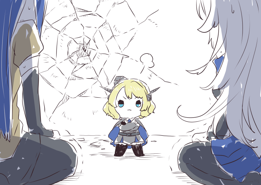 3girls absurdres black_legwear blonde_hair blue_eyes blue_hair braid chibi colorado_(kancolle) crossed_arms garrison_cap grey_hair grey_headwear hat headgear highres kantai_collection long_hair multiple_girls nami_nami_(belphegor-5812) pantyhose short_hair side_braids sitting size_difference south_dakota_(kancolle) washington_(kancolle)