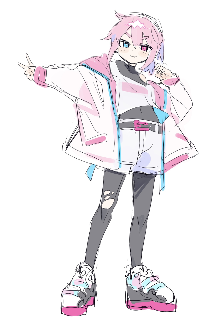 1boy absurdres belt black_belt black_bodysuit blue_eyes bodysuit closed_mouth commentary_request crop_top fang fang_out full_body heterochromia highres jacket male_focus navel open_clothes open_jacket original pink_eyes pink_hair raito-kun_(uenomigi) shirt shoes shorts simple_background sketch skin_fang smile solo torn_bodysuit torn_clothes trap uenomigi v v-shaped_eyebrows white_background white_jacket white_shirt white_shoes white_shorts