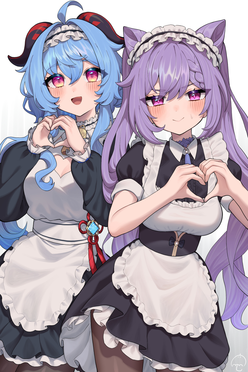 2girls absurdres ahoge alternate_costume amagasa apron bell black_dress black_pantyhose blue_hair breasts cleavage cleavage_cutout closed_mouth clothing_cutout commentary_request cone_hair_bun cowboy_shot cryo_symbol_(genshin_impact) diamond-shaped_pupils diamond_(shape) dot_nose double_bun dress enmaided frilled_apron frilled_hairband frills ganyu_(genshin_impact) genshin_impact goat_horns hair_between_eyes hair_bun hairband hands_up heart heart_cutout heart_hands highres horns keqing_(genshin_impact) long_hair long_sleeves looking_at_viewer maid medium_breasts multiple_girls neck_bell neck_tassel open_mouth pantyhose purple_eyes purple_hair short_sleeves simple_background small_sweatdrop smile symbol-shaped_pupils tassel twintails vision_(genshin_impact) white_apron white_background