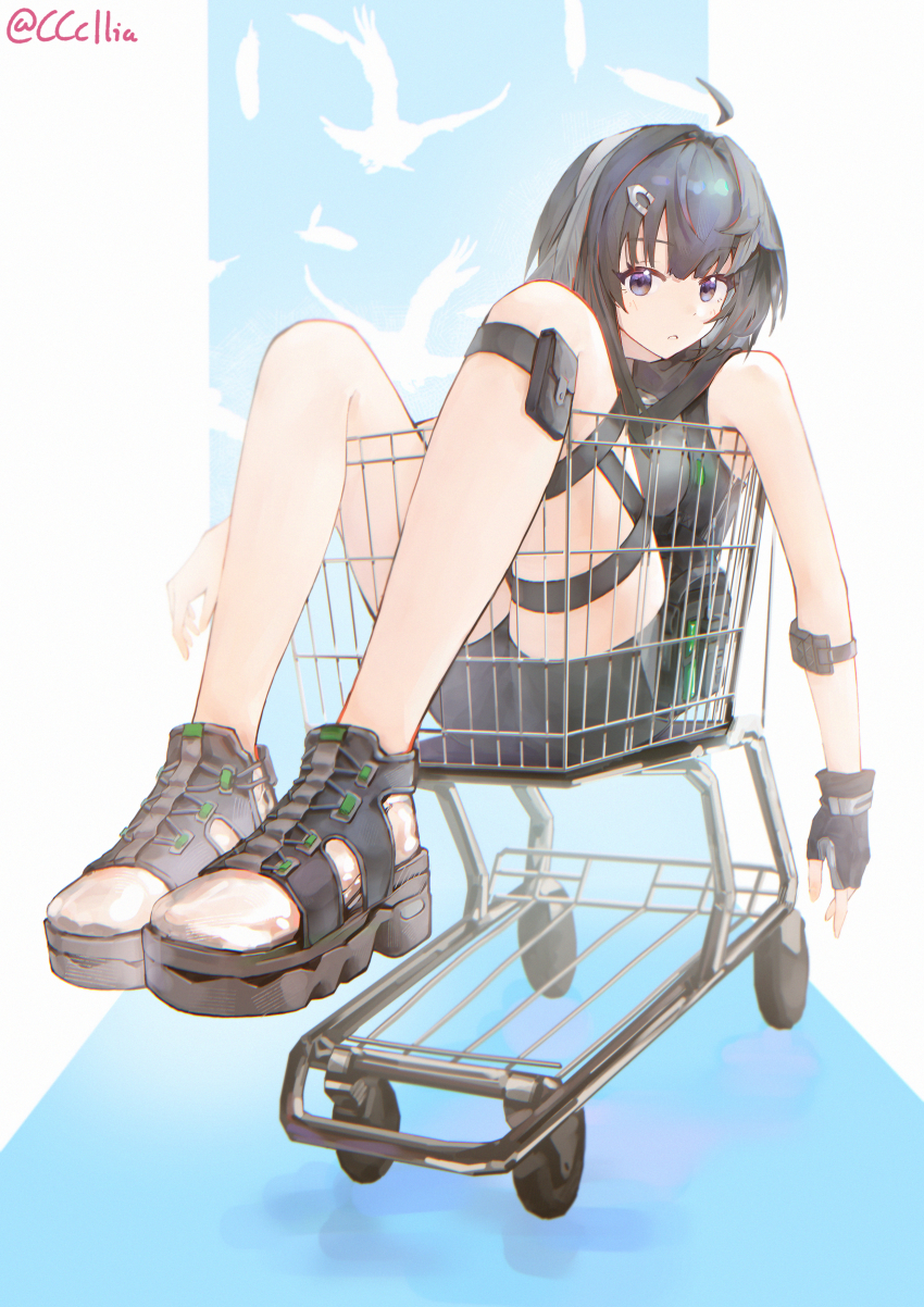 1girl absurdres ahoge arknights bare_shoulders black_eyes black_gloves black_hair black_sandals chinese_commentary commentary commentary_request english_commentary fingerless_gloves full_body gloves highres in_shopping_cart la_pluma_(arknights) looking_at_viewer mixed-language_commentary parted_lips platform_sandals pouch sakuratani_hane sandals shin_strap shopping_cart short_hair single_fingerless_glove sleeveless solo thigh_strap twitter_username