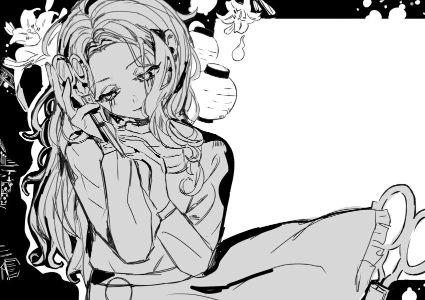 1girl ada_mesmer dress flower highres holding holding_scissors identity_v lantern light_blush light_smile long_hair looking_down monochrome scissors skyephobic wavy_hair